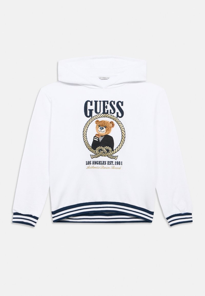 Λευκό βαμβακερό φούτερ με κουκούλα που διαθέτει γραφικό σχέδιο με αρκούδα ντυμένη με ναυτικό ρούχο, διακοσμημένο με μανσέτες και τελείωμα με μπλε ναυτικό ρίγες, καθώς και κεντημένο κείμενο.