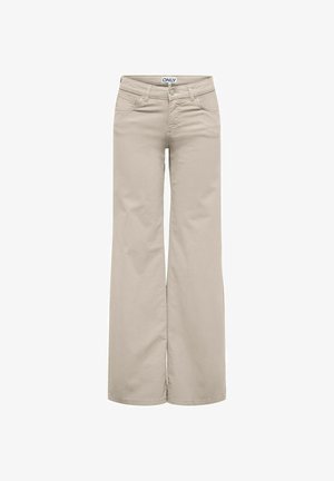 Beige wijde broek met hoge taille, voorzakken, lussen voor riem, knoopsluiting en zichtbaar merkembleem op de tailleband.
