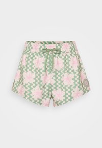 Green patterned swim shorts featuring pink floral design, elastic waistband with drawstring, and circular logo patch on the bottom left.