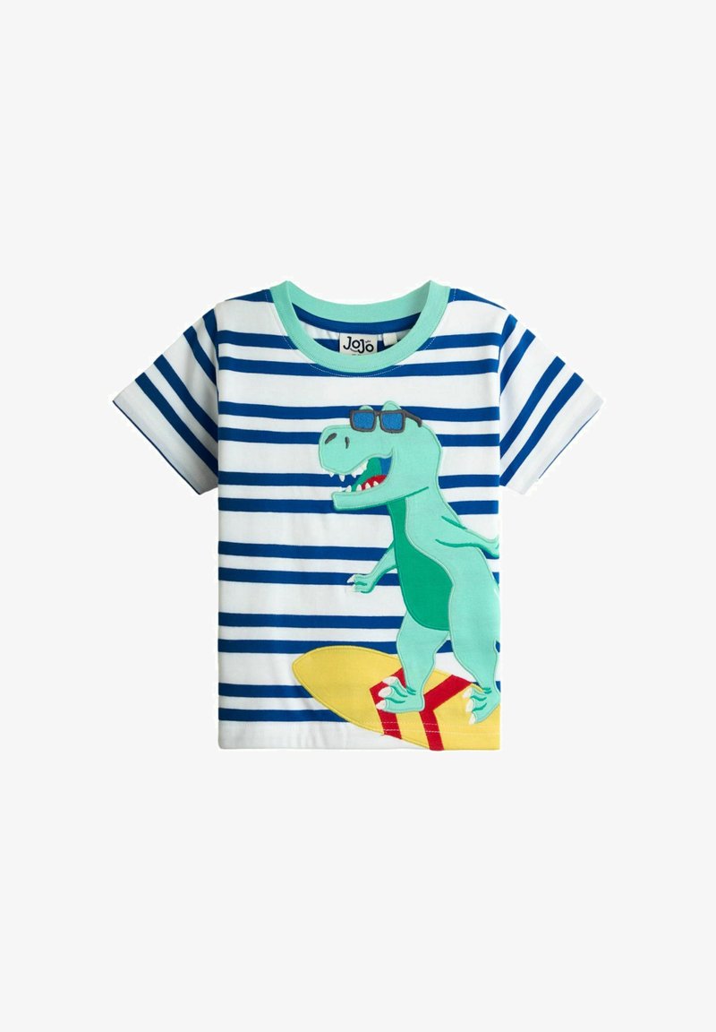 Detská krátka košeľa s modrými a bielymi pruhmi, na ktorej je zelený dinosaurus s okuliarmi na slnko, ktorý surfuje na žltej surfovej doske.