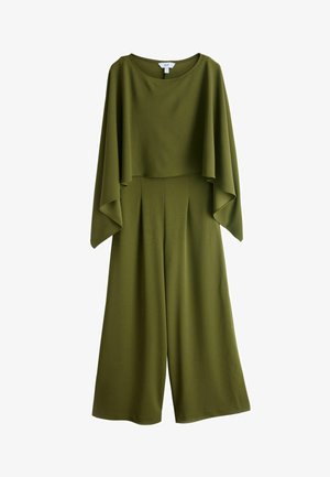 Olive rohelise värvusega kombinesoon laiade säärtega ja voolavate lendlevarrukatega, ümara kaelusega ja seljal kinnitusega.