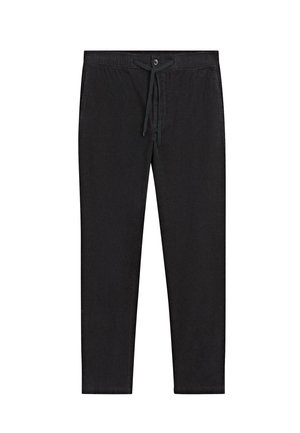 Pantaloni neri realizzati in tessuto leggero, con vita elasticizzata, chiusura con cordino e design a gamba dritta. Senza motivi o dettagli.
