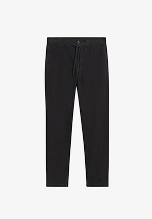 Schwarze Hose aus leichtem Stoff, mit elastischem Bund, Kordelzugverschluss und geradem Bein Design. Keine Muster oder Akzente.