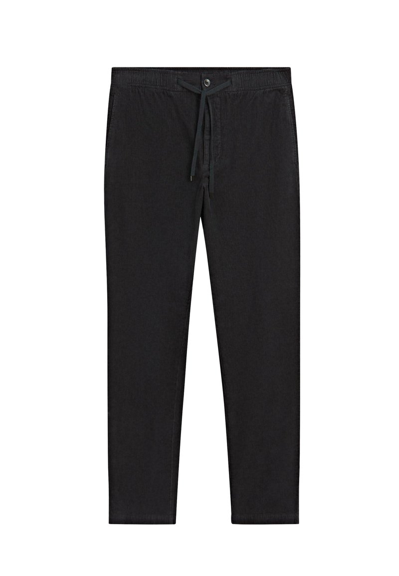 Zwarte broek van lichtgewicht stof, met een elastische tailleband, trekkoordsluiting en recht gesneden pijpen. Geen patronen of accenten.