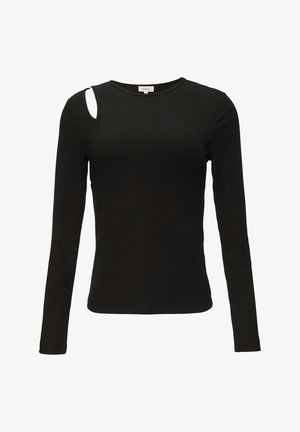 Musta ribbitty pitkähihaine paita, jossa on pyöreä kaula-aukko ja epäsymmetrinen leikattu osa vasemmassa olkapäässä. Pehmeä kangas, istuva muotoilu.