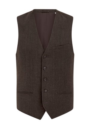 Bruine, wolmix vest met een V-hals, vijf knopen aan de voorkant, twee zakken met smalle kleppen en een soepel binnenvoering.