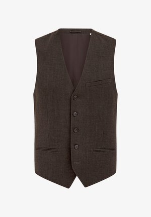 Rudas vilnos mišinio liemeniukas su V formos iškirpte, penkiais mygtukais priekyje, dviem kišenėmis su siaurais atvartais ir lygiu pamušalu.