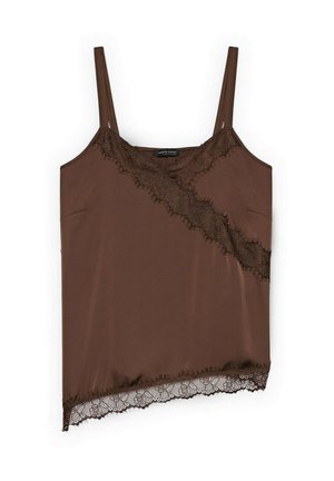 Ruskea satiininen toppi, jossa diagonaalinen pitsireunus edessä ja pitsiyksityiskohtia epäsäännöllisen helman kohdalla, varustettu ohuilla olkaimilla.