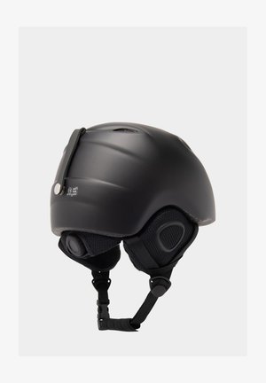 Black ski helmet with a matte finish, ventilation holes, detachable ear pads, and adjustable chin strap. Features a rear adjustment strap.