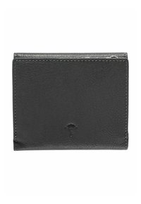 Portefeuille en cuir noir avec surface texturée, couture grise et logo embossé. Design compact avec une apparence simple et fonctionnelle.