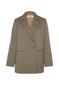 Double-breasted blazer in checkered fabric with brown, yellow, and blue patterns. Features a notched collar, two front pockets, and button accents.
