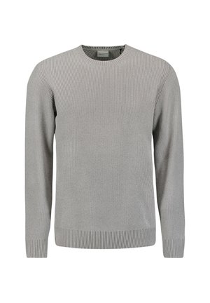 Grey ribbed knit sweater with a crew neckline, long sleeves, and textured fabric. Features a fitted hem and cuffs.