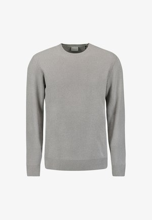 Grijze geribbelde gebreide trui met een ronde halslijn, lange mouwen en een textuurstof. Heeft een aansluitende zoom en manchetten.