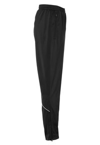 Zwarte sportbroek met een slank ontwerp, elastische tailleband, zijzak met ritssluiting en reflecterende witte piping langs de zijkanten.