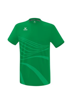 Maglietta sportiva verde a maniche corte con sottili strisce curve verde scuro e logo bianco Erima sul petto e sul colletto.