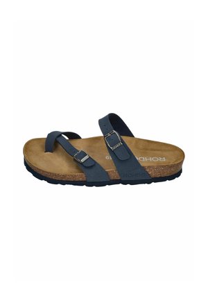 Men's navy blue sandal with two adjustable buckle straps, cork footbed, and black textured sole.