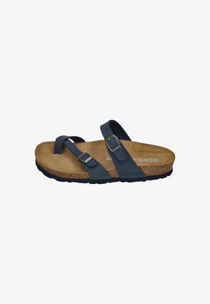 Men's navy blue sandal with two adjustable buckle straps, cork footbed, and black textured sole.