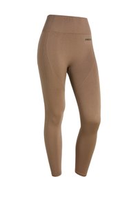 Leggings a vita alta marroni realizzati in tessuto elasticizzato, caratterizzati da una texture liscia, design aderente e cuciture laterali accentuate.