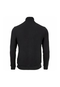 Schwarze Zip-Jacke mit langen Ärmeln, hohem Kragen und gerippten Bündchen und Saum. Glatte Textur ohne sichtbare Muster oder Hardware-Details.