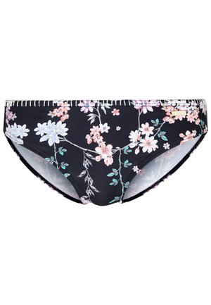 Bañador de bikini negro con flores en tonos pastel, con una textura suave, costuras decorativas y una etiqueta de marca.