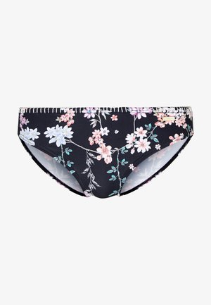 Schwarze Bikini-Unterteil mit pastellfarbenen Blumen, ausgestattet mit einer glatten Textur, dekorativer Naht und einem Markenetikett.