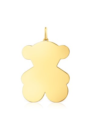 Ciondolo a forma di orsetto in oro con una finitura liscia, caratterizzato da orecchie arrotondate, un design semplice e un piccolo anello per il fissaggio.