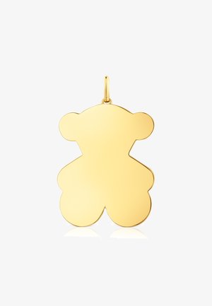 Goldener Anhänger in Form eines Teddybären mit einer glatten Oberfläche, abgerundeten Ohren, einem einfachen Design und einer kleinen Schlaufe zur Befestigung.
