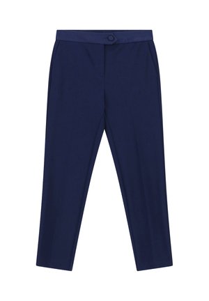 Pantaloni sartoriali blu navy con vita alta, tasche laterali e chiusura con bottone rivestito in tessuto sulla cintura.