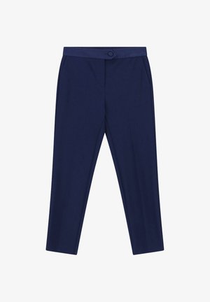 Pantaloni sartoriali blu navy con vita alta, tasche laterali e chiusura con bottone rivestito in tessuto sulla cintura.