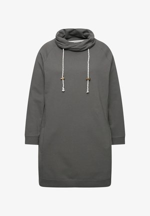 Grijze hoodie jurk met een kraag, voorzien van witte trekkoordjes, bronzen hardware accenten en lange mouwen met ribgebreide manchetten.