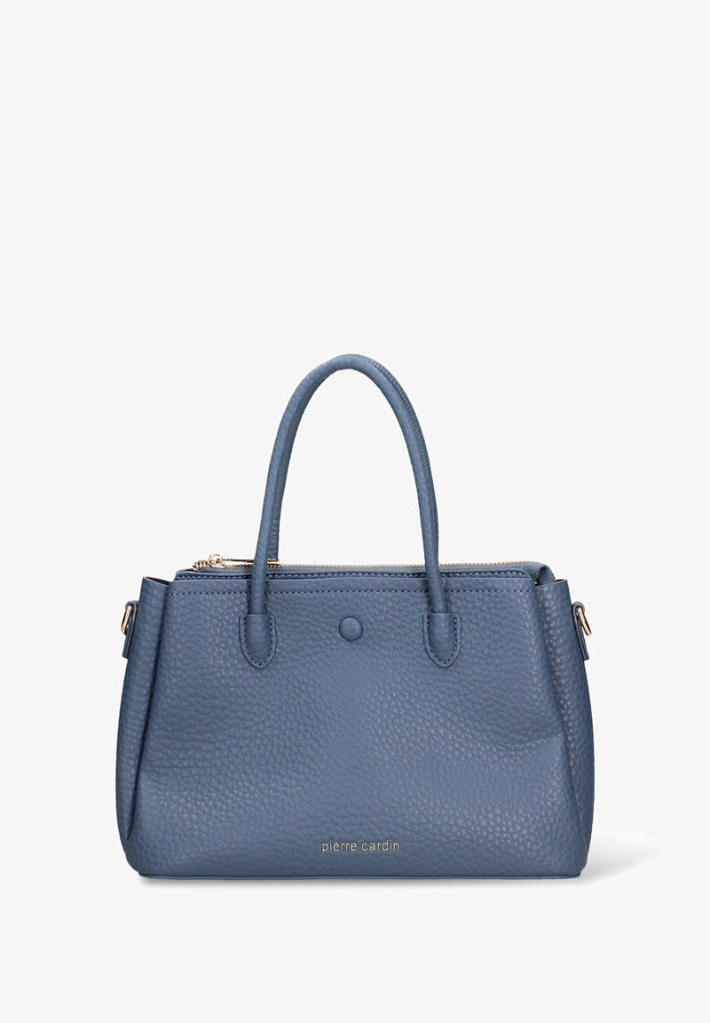 Borsa a mano in pelle blu con superficie strutturata, dotata di due manici corti, chiusura a zip e un delicato logo in evidenza sul davanti.