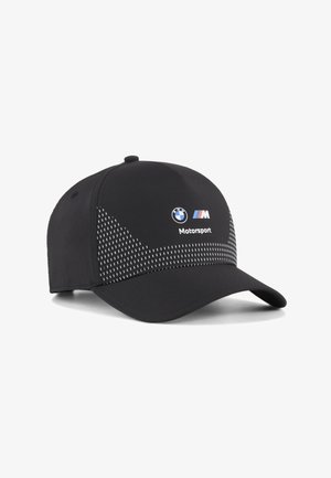Casquette noire BMW Motorsport avec motif à points blancs sur les panneaux avant, visière incurvée, et logos BMW et M brodés au-dessus du texte "Motorsport".