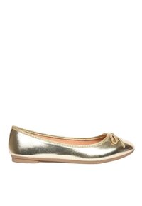 Ballet flat metallico dorato con punta tonda, piccolo fiocco decorativo sulla parte anteriore e suola bassa e flessibile. Texture liscia in tutto.