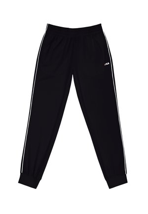 Czarne spodnie sportowe z białymi paskami po bokach, elastycznym pasem i mankietami oraz małym logo FILA na górnej części lewego uda.