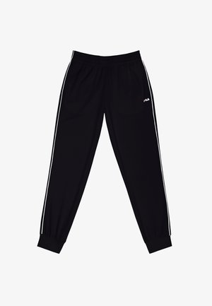 Sorte atletikbukser med hvide sidelister, elastisk talje og manchetter samt en lille FILA-logo på øverste venstre lår.