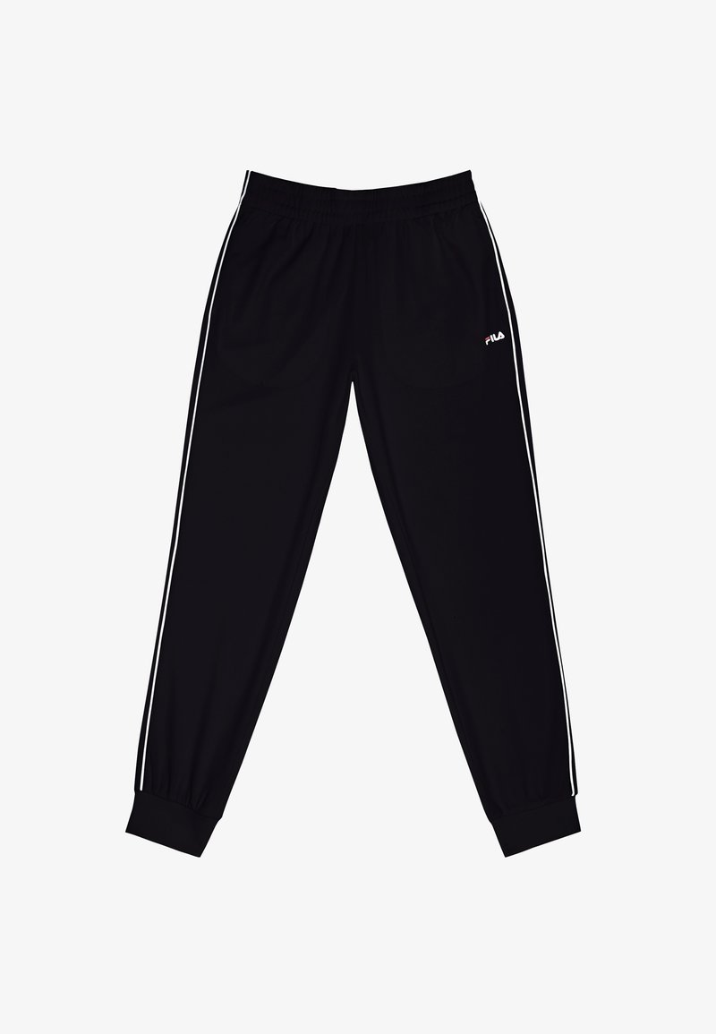 Zwarte sportbroek met witte biezen aan de zijkant, een elastische tailleband en boorden, en een klein FILA-logo op de bovenste linker dij.