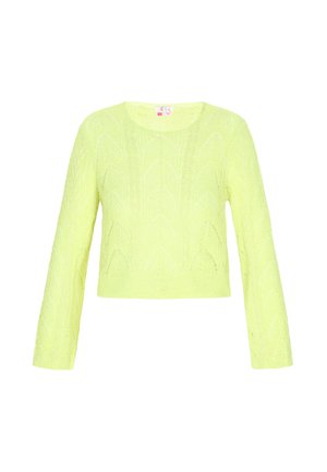 Pulover scurt cu mânecă lungă, de un galben neon vibrant, având un model tricotat cu dantelă și un guler rotund. Textură moale cu tiv elastic.