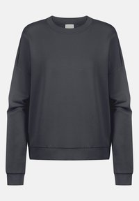 Tummaa harmaa huppari, joka on valmistettu sileästä kankaasta. Siinä on pyöreä kaula-aukko, pitkät hihat ja rento malli, jossa on ribbireunat hihoissa ja helmassa.