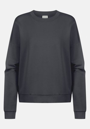 Dark gray sweatshirt made of smooth fabric, featuring a round neck, long sleeves, and a relaxed fit with ribbed cuffs and hem.