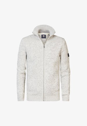 Lichtgrijze ritstrui met geribde kraag en gestructureerde diagonale patronen. Het heeft lange mouwen en een merkpatch op de linkerarm.