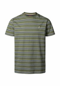 Camiseta de rayas verdes con franjas horizontales en navy y blanco, de manga corta, con cuello redondo, que presenta un pequeño logo en el pecho.