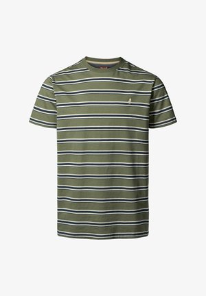 Groene gestreepte T-shirt met horizontale strepen in marineblauw en wit, korte mouwen, ronde halslijn, met een klein logo op de borst.