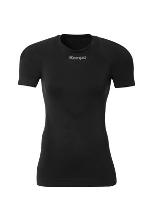 Sort kortærmet træningsshirt lavet af glat, strækbart materiale. Har en rund halsudskæring og 'Kempa'-logoet trykt på forsiden.