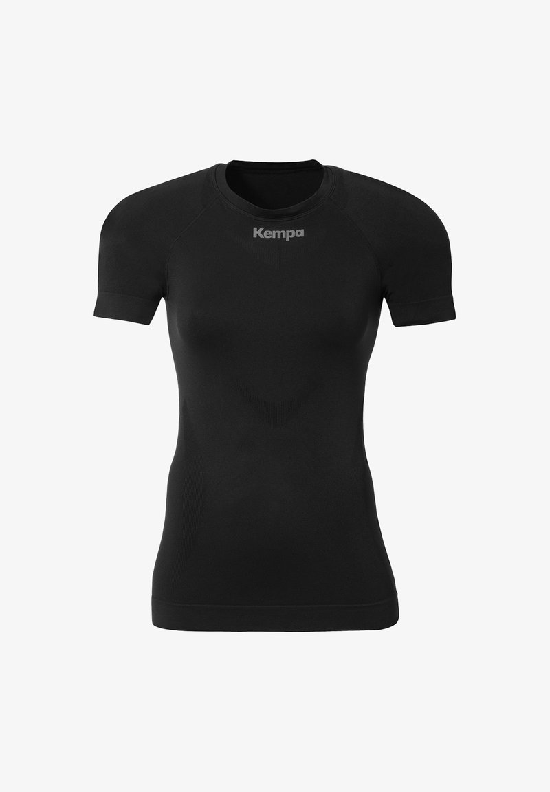Black short-sleeve athletic shirt made of smooth, stretchy material. Features a rounded neckline and 'Kempa' logo printed on the front.