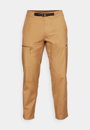 Svetlo rjave cargo hlače s zoženim krojem, ki vključujejo žep z zadrgo in črn pas. Narejene iz teksturirane tkanine.