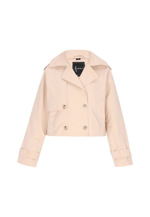 Cropped, light beige jacket made of a smooth fabric. Features a double-breasted front, wide lapels, and button accents on the sleeves.