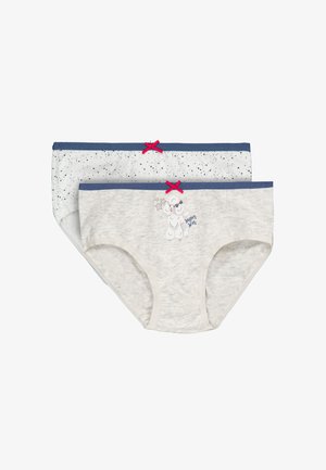 Braguitas para niñas con cinturillas elásticas azul marino y lazos rojos; una tiene estampado de estrellas y la otra un caniche blanco con el texto "super star".