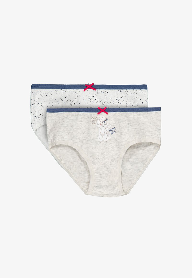 Braguitas para niñas con cinturillas elásticas azul marino y lazos rojos; una tiene estampado de estrellas y la otra un caniche blanco con el texto "super star".