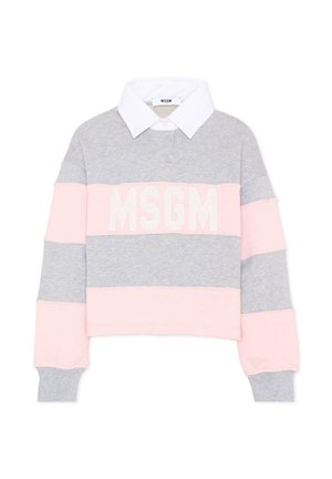 Felpa a maniche lunghe grigia e rosa a blocchi di colore con collo bianco e grande logo bianco MSGM sul petto.