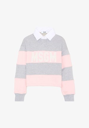 Sweat-shirt à manches longues gris et rose avec empiècements de couleurs, col blanc et grand logo MSGM blanc sur la poitrine.